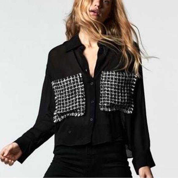 Zara Black Chiffon Tweed Pockets Long Sleeve Collar Sheer‎ Blouse XS - Picture 1 of 5
